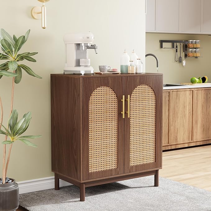 Tribesigns Set of 2 Rattan Sideboard Buffet Cabinet with Storage, 59 Inch Accent Cabinet for Dining Room, Living Room, Kitchen, Rattan and Dark Brown