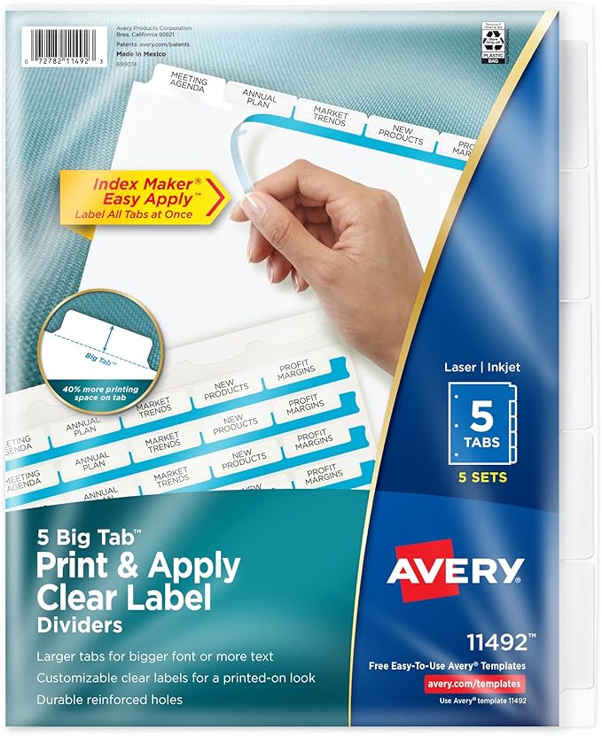 Avery 5 Big Tab Dividers for 3 Ring Binder, Easy Print & Apply Clear Label Strip, Index Maker Customizable White Tabs, 5 Sets (11492)