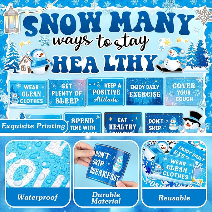 Ctosree 60 Pcs Winter Healthy Bulletin Board Decorations Set Good Habits Poster Snowman Snowflake Good Habits Cutouts for Winter Teacher Classroom School Office Chalkboard Wall Supply