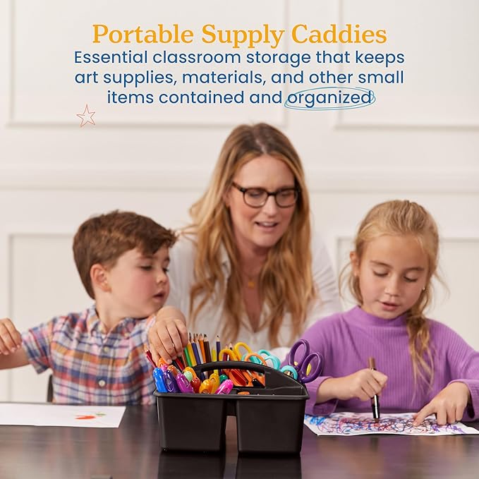 ECR4Kids 4-Compartment Medium Plastic Caddy, Multipurpose Organization, Black, 6-Pack