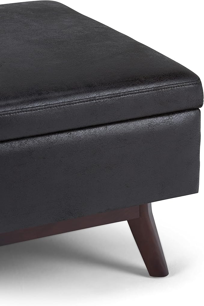 SIMPLIHOME Owen Coffee Table Storage Ottoman - 34 inch Wide Upholstered Vegan Leather Rectangular Lift-Top Ottoman in Distressed Black, Mid-Century Modern Bench for Living Room with Tapered Legs