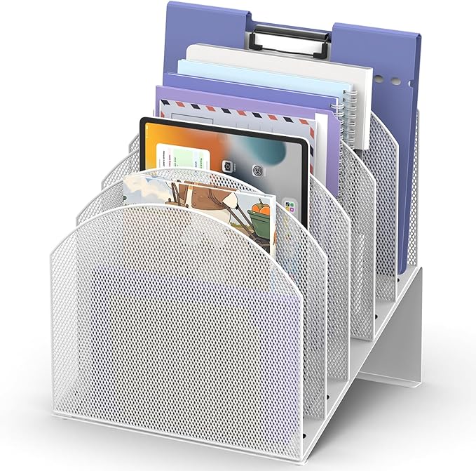 5-Section Desk File Organizer, Vertical File Organizer for Desk, Mesh Mail Holder for Letter Size Folders, White