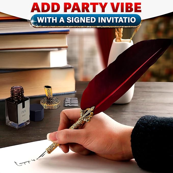 Classic Goose Feather Pen and Ink Set - Old Fashion Red Feather Quill Pen and Ink Set with Stainless Steel Nib for Calligraphy Practice, Drawing & Signatures - Thoughtful Writer Gifts
