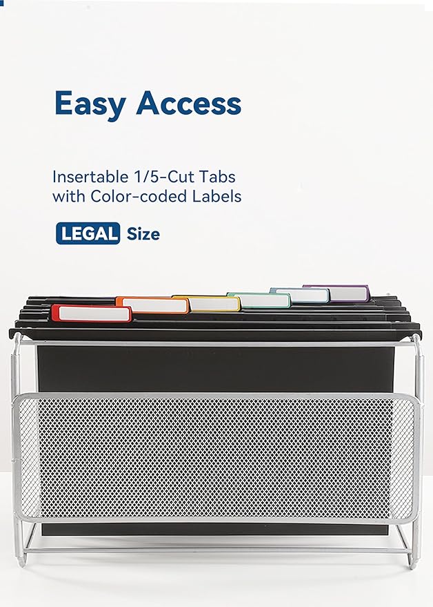 Plastic Legal Size Hanging File Folders, 12 Pack Black Hanging Folders, with Insertable 1/5-Cut Tabs for Filing Cabinets