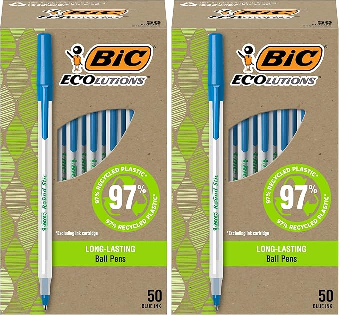 BIC Ballpoint Pens, Medium Point 1.0mm, Blue Ink | Ecolutions Round Stic | 50-Count | Pack of 2 | 97% Recycled Plastic