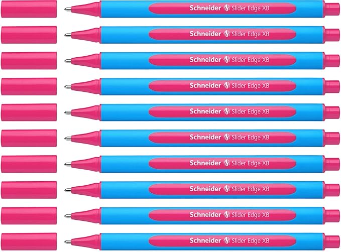 Schneider Slider Edge XB (Extra Broad) Ballpoint Pen, 1.4 mm, Light Blue Barrel, Pink, Box of 10 Pens (152209)