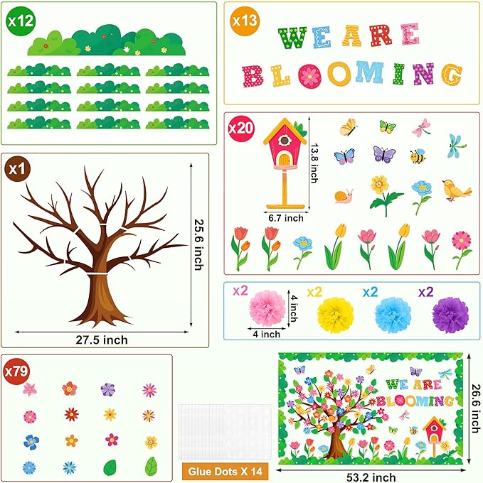 Aneco Spring Bulletin Board Decorations with 3D Paper Flowers Classroom Tree Border Trim We are Blooming Classroom Decoration Cutouts for School Home Wall Decor Supplies