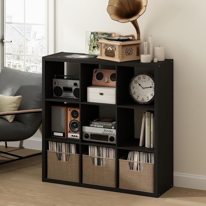 Furinno Cubicle Record Player Stand with Vinyl Storage, 9-Cube 1.2 Extra Thick Vinyl Record Storage, Open Back Media Shelf for CD DVD Blueray Game Disc, for Living Room, Home Office, Black Dark Oak