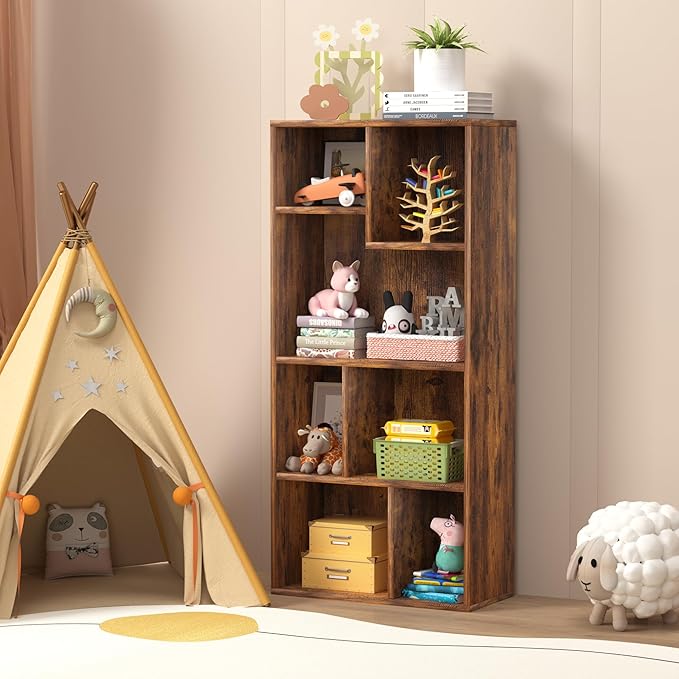 VECELO 42" Modern Bookshelf, 7 Cube Organizer Bookcase,Fits Tallest Hardcovers, Horizontal Available,Floor Standing Display,Easy Assembly,Brown