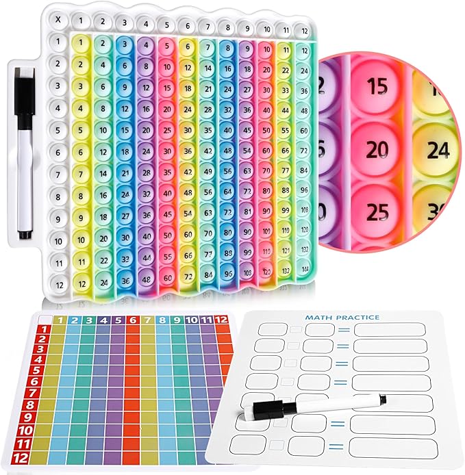 Multiplication Table Game pop Fidget Toys Educational Math Learning Board with Marker, Rainbow Colors, 12x12 Grid Multiplication Charts for Kids Multiplication Flash Cards