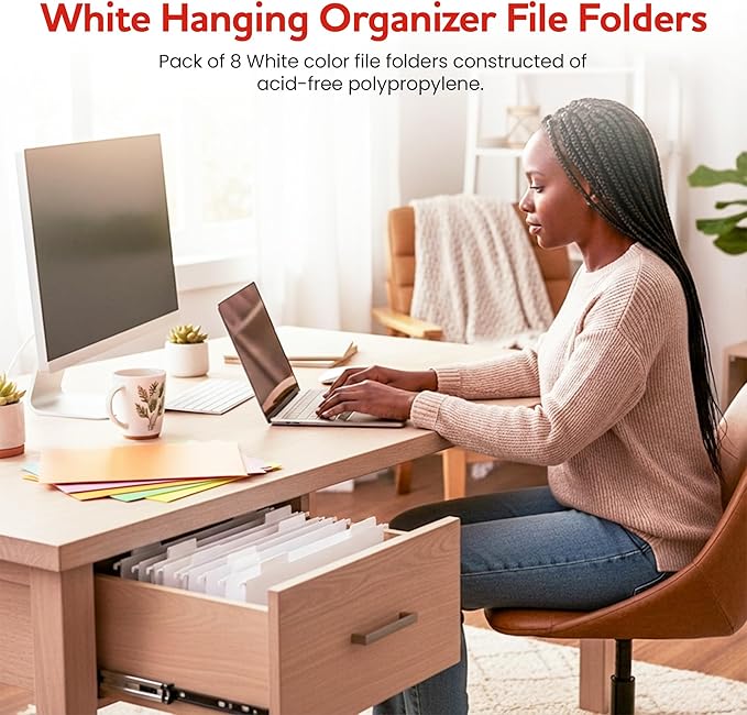 White Hanging File Folders – 8 Pack, Letter Size File Organization Folders for Home, Office, School & Filing Cabinets