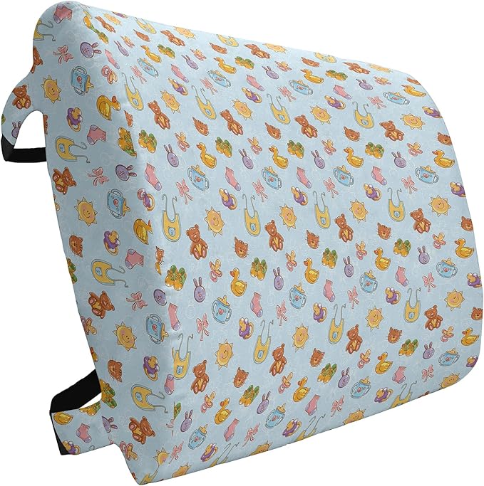 Ambesonne Cartoon Lumbar Back Support Pillow, Sun Teddy Bear Ribbon Feeder Pacifier Chick Kitty Cat Design, High Density Foam for Office Chairs Car Seats, 14" x 13", Pale Blue Cinnamon