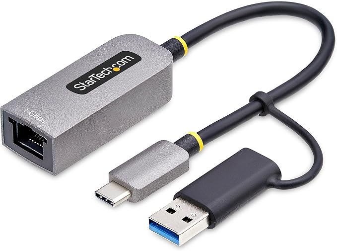 StarTech.com USB-C to Ethernet Adapter w/USB-A Dongle, 10/100/1000Mbps, USB GbE Adapter, 6in/15cm Attached Cable, Status LEDs