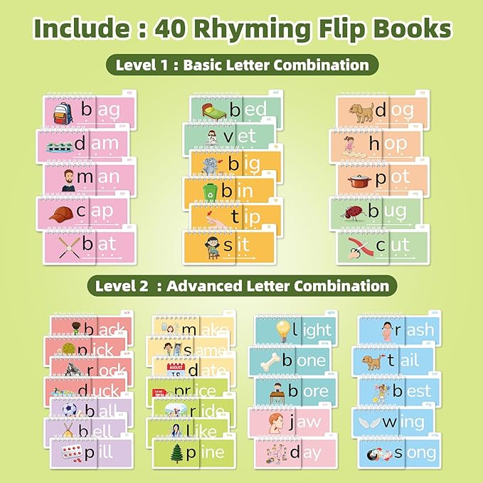 Word Family Build Book, 40 Read and Rhyme Flip Activity Book, Learn to Read Phonics Flash Cards, Sight Words Reading Games for Kids Ages 4-8 Kindergarten 1st 2nd 3rd Homeschool Educational