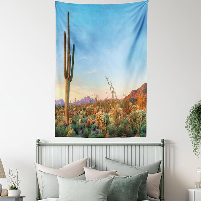 Ambesonne Saguaro Tapestry, Sun Goes down in Desert Prickly Pear Cactus Southwest Texas National Park, Fabric Wall Hanging Decor for Bedroom Living Room Dorm, 30" X 45", Orange and Blue