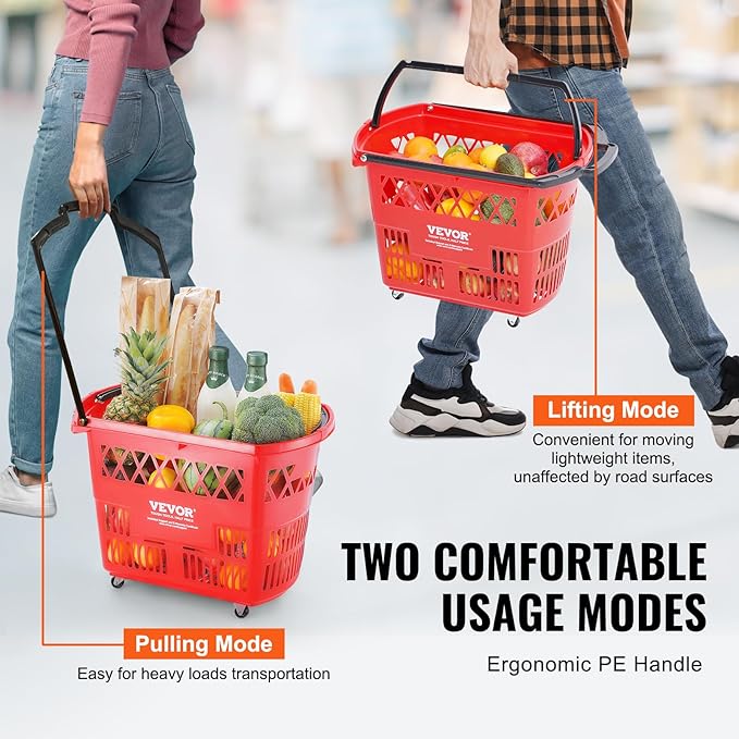 VEVOR 6 PCS Shopping Baskets, 39L Large Plastic Rolling Shopping Basket with Wheels, Shopping Carts with Handles, Portable Shopping Basket Set for Supermarkets, Grocery Shopping, Retail Stores, Red