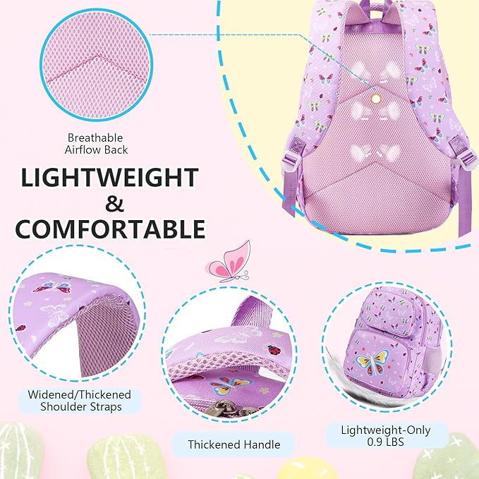 Girls Backpack with Lunch Box Glow in Dark Butterfly Bookbag Teens Ages 4-12 Kindergarten Elementary Middle School Butterfly Backpack, Luminous Butterfly Purple