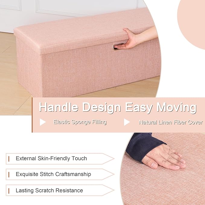 VECELO 43'' Folding Storage Ottoman Bench, End of Bed Linen Fabric Foot Rest Stool with Padded Seat, Large Footstools for Bedroom, Living Room, Load 660 lb, Pink