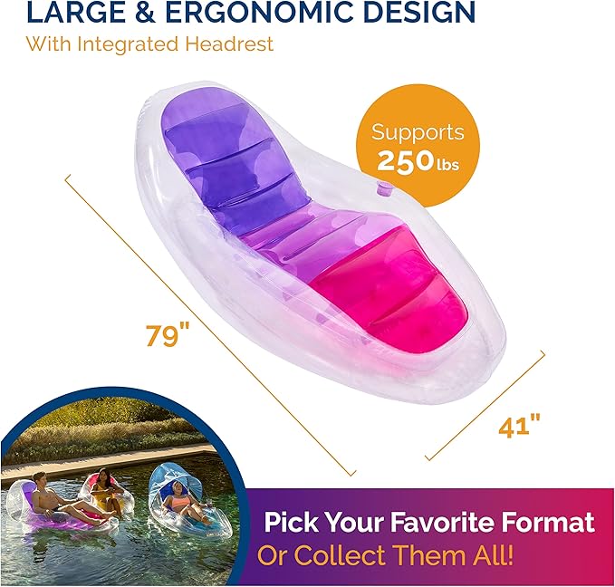 Swimways Dry Float Lounger Pool Float, Translucent Inflatable Recliner Chair for Adults with Fast Inflation, Foot Rest & Cup Holder