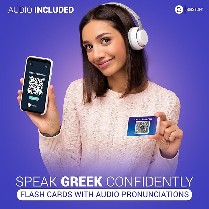Briston Biblical Greek Alphabet Flash Cards with Audio – 37 Language Learning Cards for Biblical Study, Alphabet Pronunciation & Transliteration – Includes Chart, Waterproof, Glossy & Durable Set