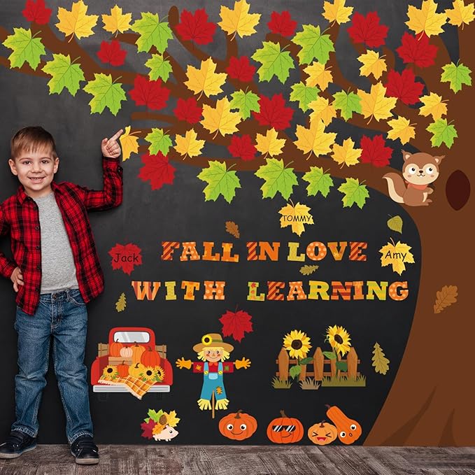 120Pcs Fall Bulletin Board Decorations - Fall in Love with Learning Thanksgiving Autumn Scarecrow Pumpkin Cutouts for Classroom School Office Home Wall