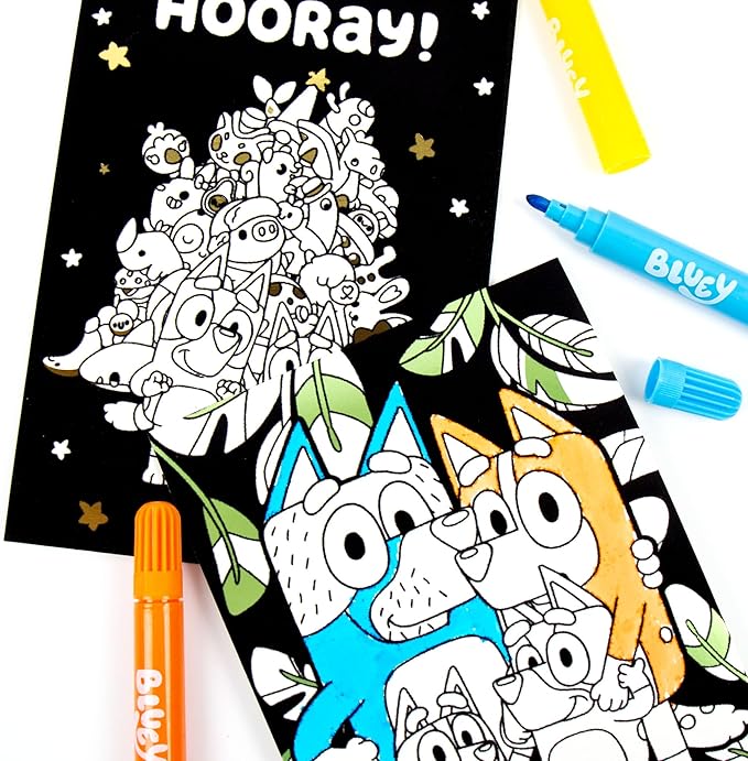 Bluey Ultimate Activity Backpack, 10+ Activities, Includes Backpack with 4 Sticker Suncatchers with 4 Suction Cups, 4 Surprise Scratch Arts, 2 Velv-its Posters, 1 Coloring Roll, 4 Markers, Kid Gifts