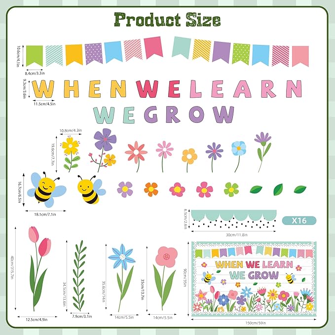 Spring Bulletin Board Set Spring Classroom Decorations When We Learn We Grow Inspirational Bulletin Board Flower Cutouts Wall Decor for School Office Chalkboard Window Door Decor Supplies