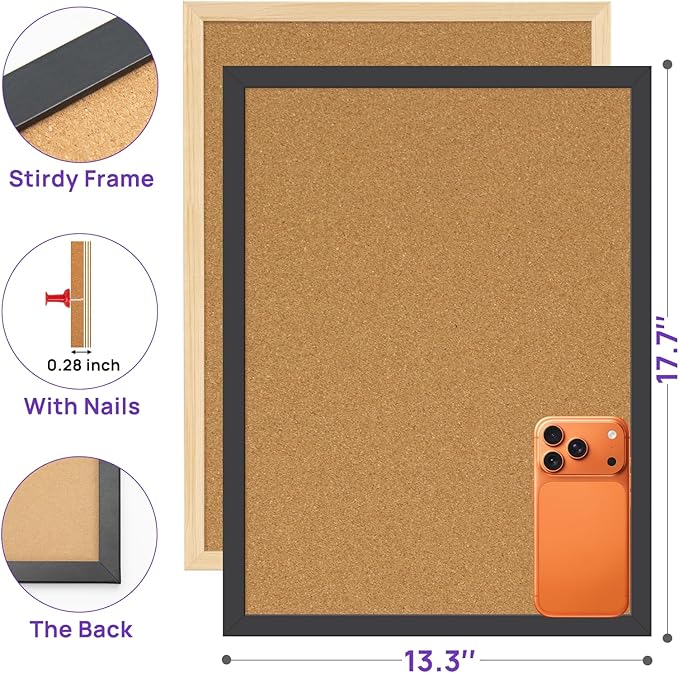 2 Pcs Cork Board, 17.7''x13.3'' Bulletin Board, Black Framed Corkboards for Wall, Small Cork Board, Vision Board Supplies, Prayer Board, Picture Board for Photos, Office, Home Decor, School