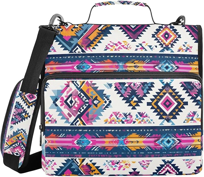 3 Ring Zipper Binder with Shoulder Strap Purple Ethic Aztec 1.5 inch Binders Keeper Large Capacity Multi Pockets for School Office Supplies