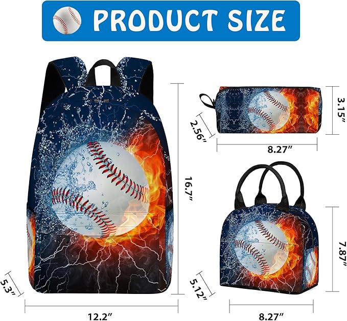 3PCS Backpack for Boys Girls, Kids Baseball Back to School Backpack Sets with Lunch Bag Pencil Case, 17 Inch Lightweight Bookpack 3 in 1 Set for Teens Elementary Middle High School Students