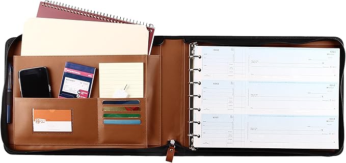 2Fold Zippered Business Checkbook Binder - 7 Ring Binder for Business Checks with Built-in Organizer and Card Case - PU Leather Portfolio for up to 600 3-Up Checks (Light Brown)