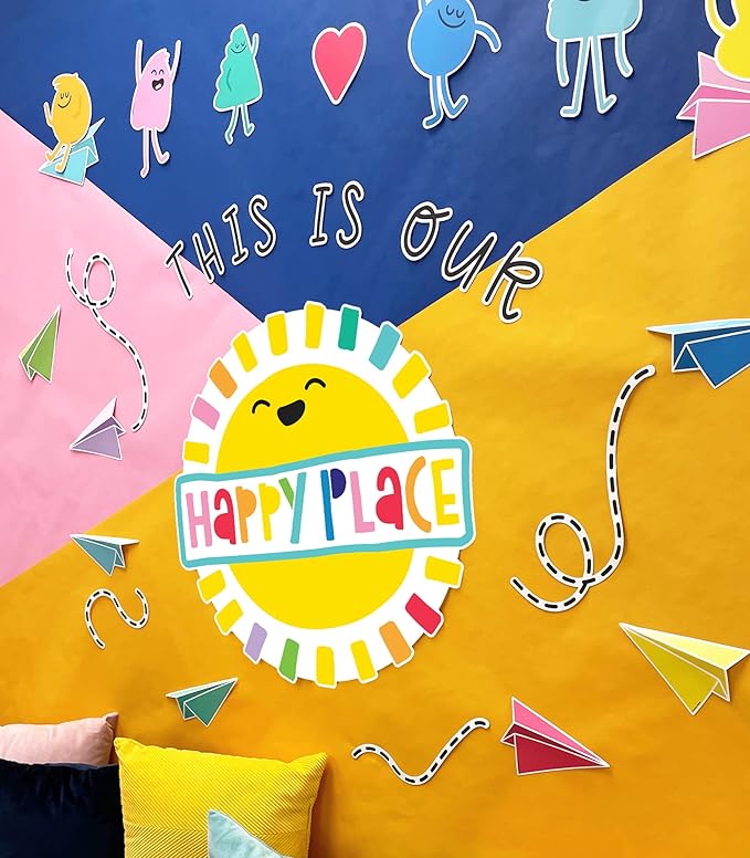 Carson Dellosa This is Our Happy Place Bulletin Board Set, Rainbow Classroom Decorations with Heart and Paper Airplane Bulletin Board Cutouts for Wall Decor, Colorful Classroom Decor (58 pc)