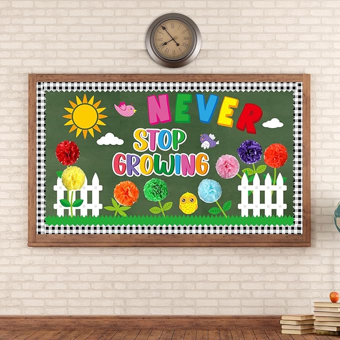 Spring Bulletin Board Decorations Set March Flowers Bulletin Board with 3D Paper Floral Cutouts Classroom Decorations Back to School Wall Decor Party Favor(Never Stop Growing)