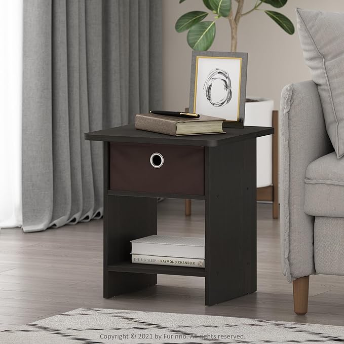 Furinno DARIO Side Table, Square End Table with Storage Bin, Round Corner Night Stand, Bedside Table with Open Back Shelf, for Living Room, Bedroom, Espresso