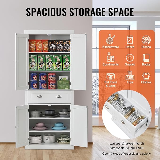 VEVOR 72" Tall Storage Cabinet with Doors, Drawer, 3 Adjustable Shelves, Utility Pantry for Kitchen, Living Room, Dining, Laundry, Pearl White