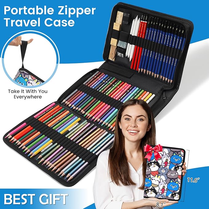 100 Art Supplies Drawing Kit Pro Drawing Supplies Set has 3-Color Sketchbook Coloring book Graphite Colored Charcoal Watercolor Pencils Drawing Set Gifts Case for Artists Adults Family