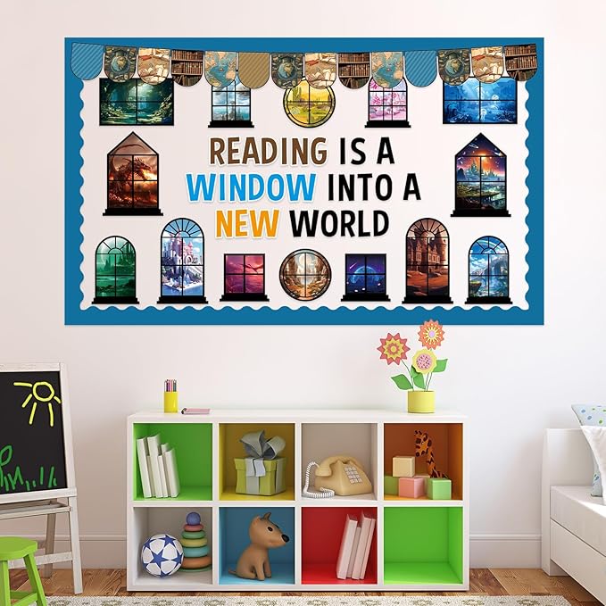 Reading Bulletin Board Set Back to School Classroom Decoration Reading is A Window Into A New World Cutouts Educational Motivational Kindergarten Elementary School Classroom Chalkboard Wall Door Decor