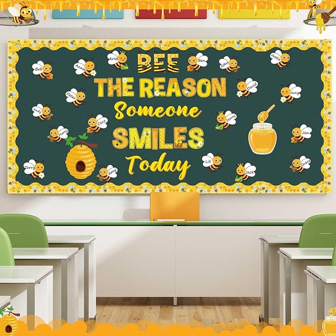 Pasimy Spring Bulletin Board Decorations 3D Sunflower Bulletin Board Set Bee Classroom Decor Honeycomb Butterfly Flower Cutouts Spring Borders for Home Office Wall Door Window Supplies(Honeybee)