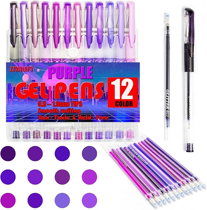 Purple Gel Pens,Colored Gel Pens Set including 12 Color Gel Pen with 24 Refills,40% More Ink Colored Gel Pens for Adult Drawing, Doodling, Scrapbook, Journaling