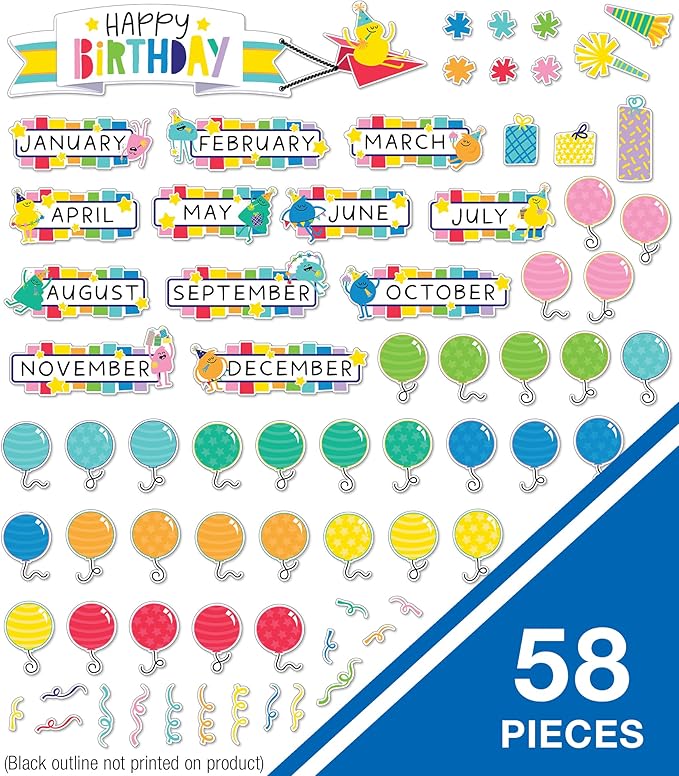 Carson Dellosa Happy Place 73 pc Bundle of Birthday Decorations, Monthly Calendar Headers, Confetti, Cupcakes, Presents, and Balloon Cutouts for Party, Classroom, Bulletin Board, and Wall Decor