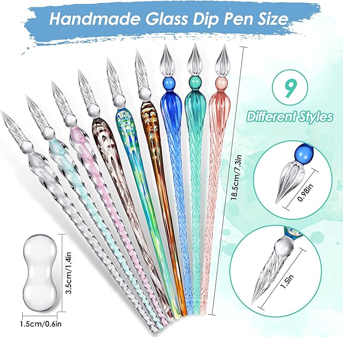 Outus 9 Pieces Glass Dip Pen Handmade Glass Signature High Borosilicate Crystal Vintage Dip Pen with 9 Pieces Penholder for Writing Drawing Calligraphy (Vintage Style,Fresh Color)