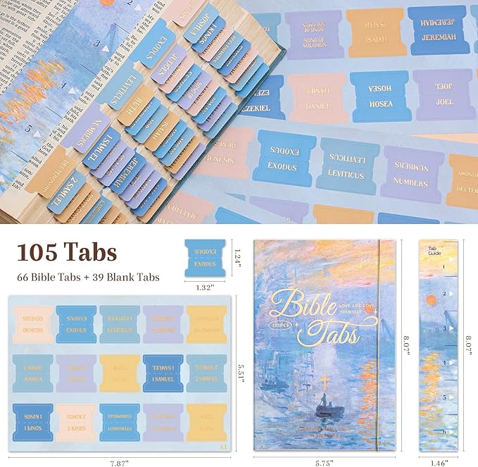 Bible Tabs, 66 Gold Foil Pre-Printed Chapter Labels + 39 Blank Impression Sunrise Theme Laminated Index Tabs with Alignment Ruler, Bible Journaling Study Supplies for Women & Men, Bible Accessories