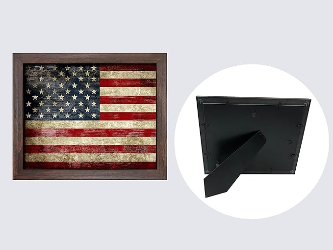 Wieco Art Old Vintage American Flag Wall Art Canvas Print Motivation Classroom Decor With Red Picture Frame and Real Glass Made to Display 5x7" with Mat or 8x10" Without Mat for Home Office Wall Decoration