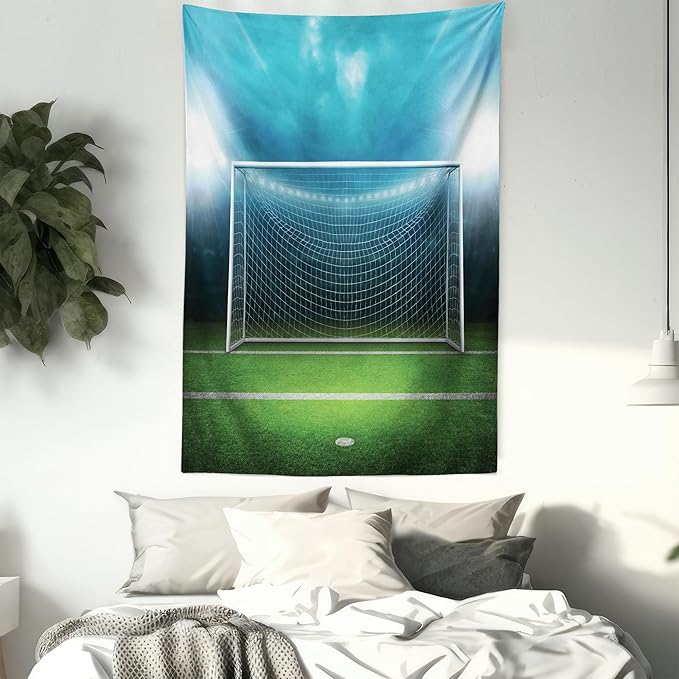 Ambesonne Soccer Tapestry, Soccer Goal Post Sports Area Winner Loser Line Floodlit Best Team Finals Game Theme, Fabric Wall Hanging Decor for Bedroom Living Room Dorm, 30" X 45", Green and Blue