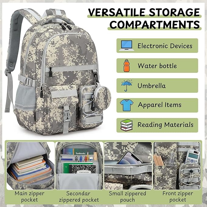 School Backpack for Boys - Camo Boys Backpack for Kids Teens Elementary, Middle & High School Bookbag Daypack with Camouflag Design,18″ Large Capacity with Usb Charging Port & Key-chain
