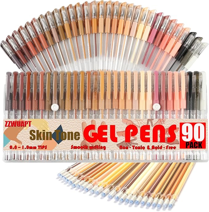 90 Pack Skin Tone Gel Pens, 30 Skin Tone Gel Pens with 60 Refills,40% More Ink Colored Gel Pens for Adults Coloring Drawing Doodling Scrapbook Journaling