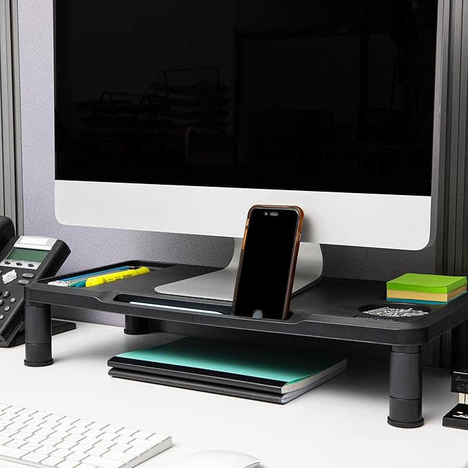 Mind Reader Monitor Stand, Laptop Riser, Desktop Organizer, Office, Plastic, 21.75" L x 10.25" W x 4.5" H, Set of 2, Black