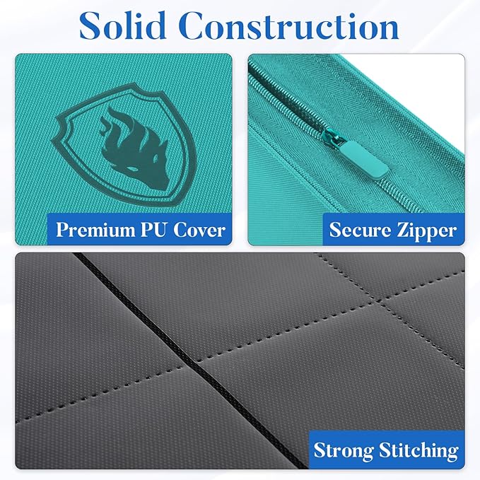 Premium Zip Card Binder 12 Pocket, Fabmaker 912 Pockets Trading Card Binder, PU Zipper Card Collection Album, Sturdy Side-Loading Card Book Holder for Game & Sports Cards, Teal