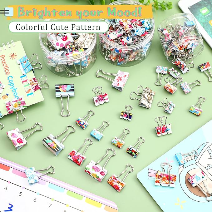 Cholemy 112 Pcs Cute Binder Clips With Box - 3 Sizes Floral Office Supplies Colored Large Medium Small Assorted Size Metal Decorative Paper Clips for Office School, 0.75 Inch, 0.98 Inch, 1.26 Inch