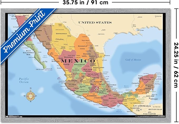 Map - Mexico Wall Poster, 34L" x 22.4W", Gray Framed Version